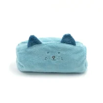 Trousse bleue brodée Chat en bambou/coton doublée de coton Oeko-Tex déperlant
